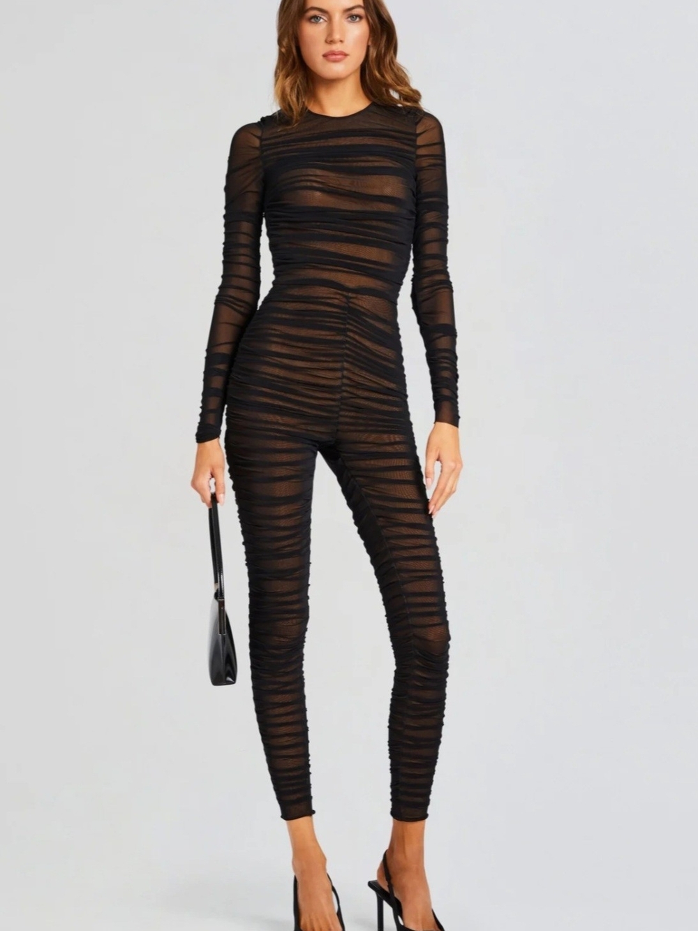 SER.O.YA Virgo Ruched Mesh Catsuit Jumpsuit in Black - Size M - Picture 2 of 14